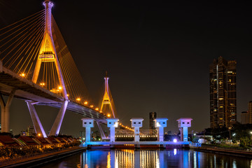 Fototapeta na wymiar Bhumibol suspension Bridge in Thailand, also known as the Industrial Ring Road Bridge, in Thailand. The bridge crosses the Chao Phraya River.