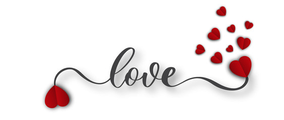 Valentines Day  background with lettering Love  and red hearts. Holiday card illustration.