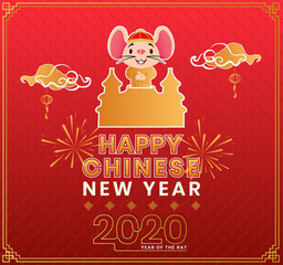 Fototapeta na wymiar 2020 Happy Chinese New Year greeting card design with hanging rat zodiac sign in golden circle frame and paper cut flowers on blue flower sacred geometric seamless background.