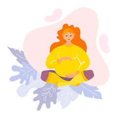 A pregnant woman sits cross-legged and hugs her belly. Mom awaiting the birth of a baby. Cute cartoon character with a smile. Vector illustration in a modern style isolated on white background.