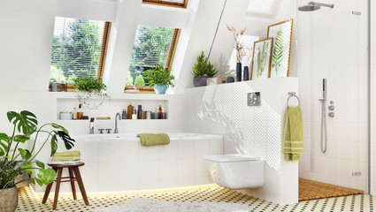 Luxury bathroom with bathtub and shower - obrazy, fototapety, plakaty