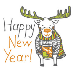 Happy New year and deer with cup of tea. Vector illustration isolated on the white background. 