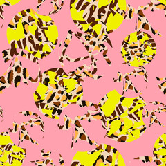 Bright yellow green circles with Spotted contours like animal skin on pink background.