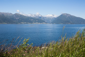 Blick von Vangsnes über den Sognefjord, Sommer in Norwegen
