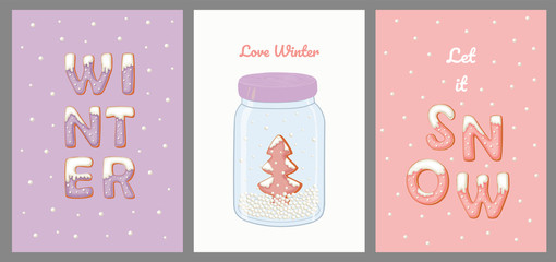 Postcards with sweet topping, hearts, snow, gingerbread cookie with snow in a glass jar.