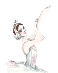 Portrait of a beautiful ballerina. Swan Lake, Odette. Swan Princess. Watercolor illustration on white isolated background