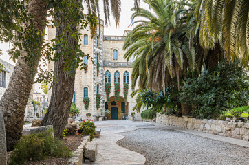 Alley leading to the Benedictine Abbey of Abu Gosh in the Chechen village Abu Ghosh near Jerusalem in Israel