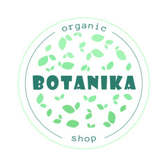 Logo for organic cosmetics store. Green logo with leaves. Vector illustration