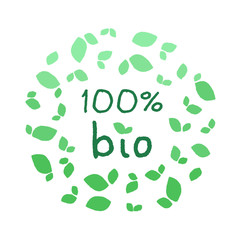 100% bio logo labels and tags. Vector hand drawn illustration. Vegetarian eco green concept.