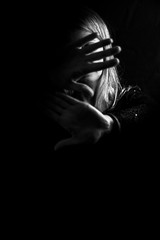 Woman showing gesture stop. Violence against women concept. Stop violence.