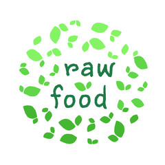 Raw food logo labels and tags. Vector hand drawn illustration. Vegetarian eco green concept.