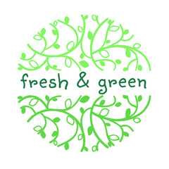 Fresh green logo labels and tags. Vector hand drawn illustration. Vegetarian eco green concept.