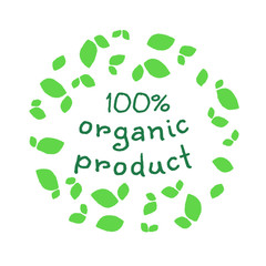 100% organic logo labels and tags. Vector hand drawn illustration. Vegetarian eco green concept.