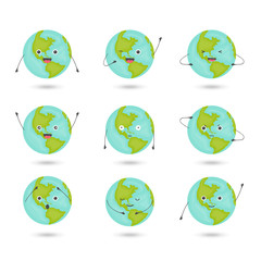 Set of kawaii planet earth. Planet earth with different emotions.