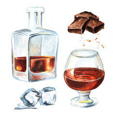 Bottle and glass filled with half alcoholic drink whiskey or brandy or cognac and ice cubes and chocolate bar set. Watercolor hand drawn illustration  isolated on white background