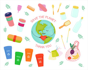 Zero waste. Vector set about environmental protection.