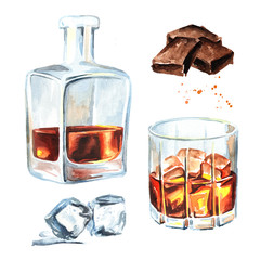 Bottle and glass filled with half alcoholic drink whiskey or brandy or cognac and ice cubes and chocolate bar set. Watercolor hand drawn illustration, isolated on white background