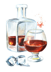 Bottle and glass filled with half alcoholic drink whiskey or brandy or cognac and ice cubes. Watercolor hand drawn illustration  isolated on white background