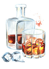 Bottle and glass filled with half alcoholic drink whiskey or brandy or cognac and ice cubes. Watercolor hand drawn illustration, isolated on white background