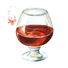 Glass filled with half alcoholic drink whiskey or brandy or cognac. Watercolor hand drawn illustration  isolated on white background