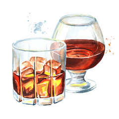Glasses filled with half alcoholic drink whiskey or brandy or cognac. Watercolor hand drawn illustration, isolated on white background