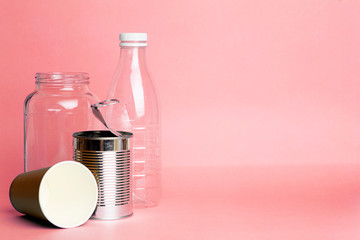 Recycling of plastic, metal, plastic and paper. Environmental pollution and waste recycling. Separate garbage collection