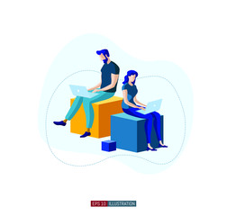 Trendy flat illustration. Man and woman are working with laptops. Teamwork metaphor concept. Cooperation. Coworking. Template for your design works. Vector graphics.