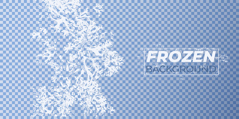 Abstract winter background with white ice pattern made frost on blue transparent texture. Ice effect on frozen glass window. Vector illustration