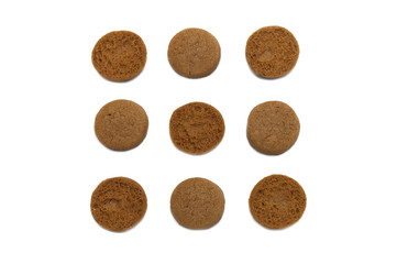 Mini cookies Chocolate malt flavored. Biscuits of crunchy delicious sweet meal and useful cracker. Isolated on white background.