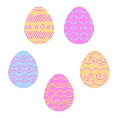 Set of colorful Easter eggs isolated on white background. Set of painted Easter eggs for party, celebration, greeting cards and decoration for Easter. Five pieces