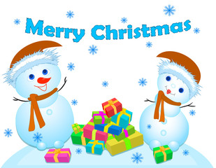 Two snowmen. Bag of gifts. The text merry Christmas. Snowflakes. Illustration