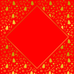 Frame with blank space for text. Border of xmas toys, tree and stars. Vector for Christmas and New Year greeting card, banner, invitation, packaging design, illustration pattern