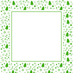 Frame with blank space for text. Border of xmas toys, tree and stars. Vector for Christmas and New Year greeting card, banner, invitation, packaging design, illustration pattern