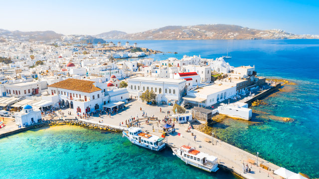Panoramic view of Mykonos town, Cyclades islands, Greece