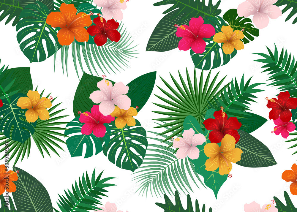 Wall mural Seamless pattern of tropical floral with leaves on white background  - Vector illustration