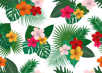Seamless pattern of tropical floral with leaves on white background  - Vector illustration