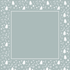 Frame with blank space for text. Border of xmas toys, tree and stars. Vector for Christmas and New Year greeting card, banner, invitation, packaging design, illustration pattern