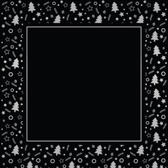 Frame with blank space for text. Border of xmas toys, tree and stars. Vector for Christmas and New Year greeting card, banner, invitation, packaging design, illustration pattern
