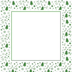 Frame with blank space for text. Border of xmas toys, tree and stars. Vector for Christmas and New Year greeting card, banner, invitation, packaging design, illustration pattern