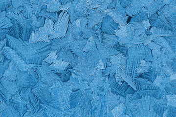 Christmas background or wallpapers in trendy color 2020 Classic Blue. Beautiful winter frosty pattern on window glass.