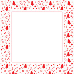 Frame with blank space for text. Border of xmas toys, tree and stars. Vector for Christmas and New Year greeting card, banner, invitation, packaging design, illustration pattern