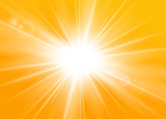 Obraz premium Rays yellow background. Gold sunny sky. Heat sunburs, hot weather. Sunshine orange sky. White warm sunlight. Bright golden solar sunrise, summer template. Lens optic effect. Vector illustration