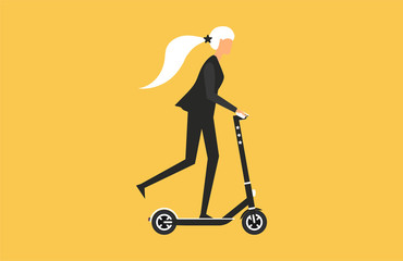 Cartoon picture with asian woman, girl blonde riding fast modern electric bicycle. Enjoying futuristic bike ride, electric scooter, kick scooter, Eco alternative city transport. Flat illustration.