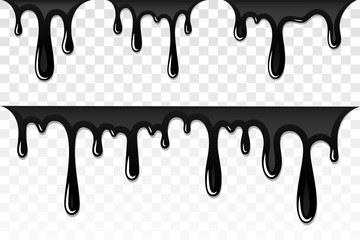 Drip paint 3D set. Ink stain. Drop melt liquid isolated on white transparent background. Splash of chocolate, oil, blood. Black graffiti. Splatter syrup, candy sauce, caramel. Vector illustration - obrazy, fototapety, plakaty