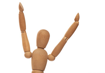 Wooden Figure, Doll, Mannequin with Arms raised isolated on white Background