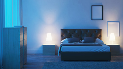 Modern bedroom interior. Night. Evening lighting. 3D rendering. - 309790598