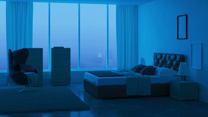 Modern bedroom interior. Night. Evening lighting. 3D rendering. - 309790706
