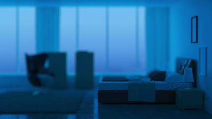 Modern bedroom interior. Night. Evening lighting. 3D rendering.