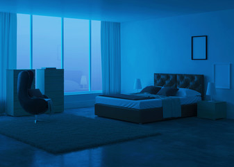 Modern bedroom interior. Night. Evening lighting. 3D rendering. - 309790901