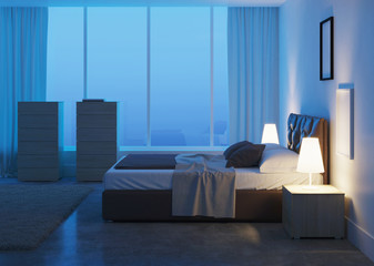 Modern bedroom interior. Night. Evening lighting. 3D rendering.